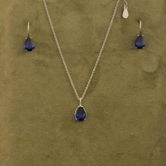 Sterling Silver Teardrop Sapphire Earrings & Necklace Set NWT - Picture 1 of 3